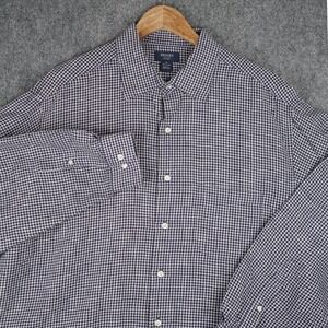 Brooks Sport Button Down Shirt Mens XL Navy Blue Gingham 100% Linen Long Sleeve